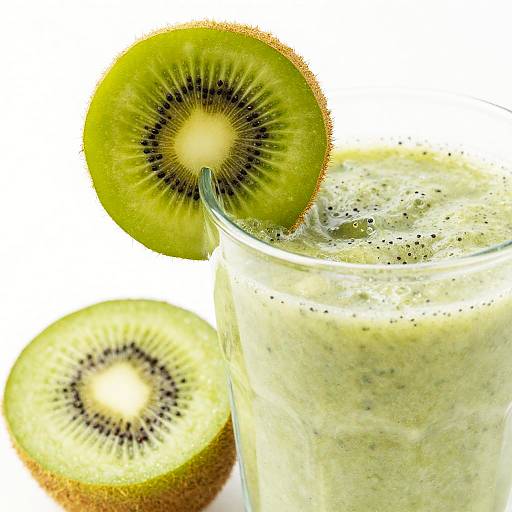 Photograph of a green kiwi smoothie in a glass, garnished with a kiwi slice, against a white background.