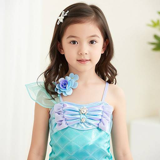 Photograph of a young Asian girl with dark brown hair, wearing a light blue, floral-embellished dress and white hair clip, smiling softly