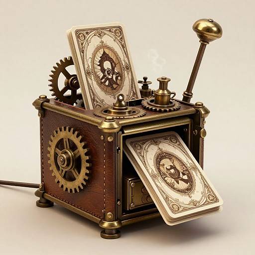 Steampunk-style mechanical printing press with brass and wooden gears, producing intricately designed cards, featuring a sun motif, against a white background.
