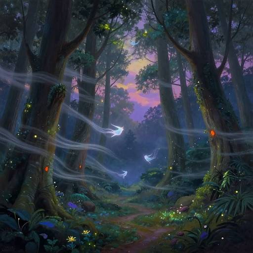 Whimsical digital painting of a mystical forest at twilight, featuring glowing fireflies, ethereal white birds, and vibrant, colorful flowers. Tall trees