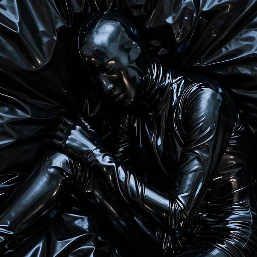 Photograph of a glossy, black, latex-like, abstract object with shiny, reflective surfaces and intricate, twisted, organic shapes against a dark background.