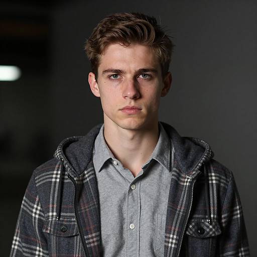 Young Man in Gray Shirt and Plaid Hooded Jacket