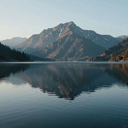 Photograph of a tranquil lake reflecting snow-capped mountains under a clear blue sky. Calm water with gentle ripples in the foreground. Forested