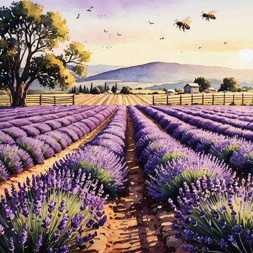 Lavender Fields at Sunset with Bees