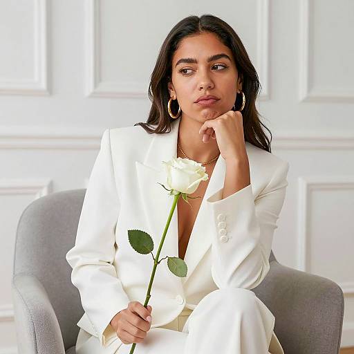 Woman in White Blazer Holding White Rose