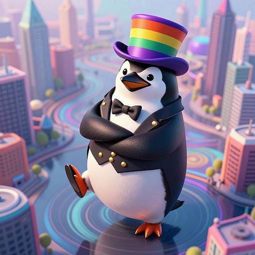 Cartoon penguin in a black tuxedo and rainbow-striped top hat stands confidently in a colorful, futuristic cityscape with glowing roads.