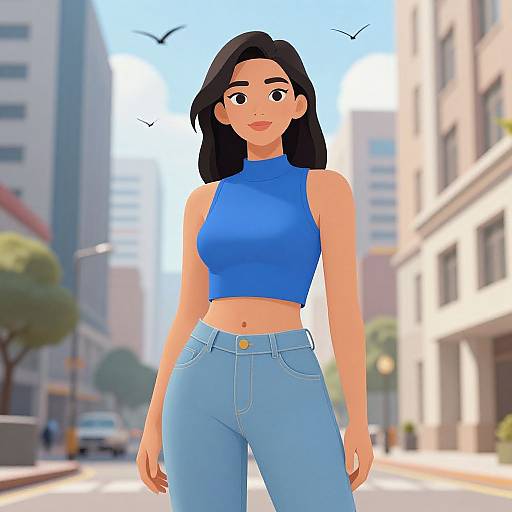Digital cartoon of an Asian woman with black hair, blue crop top, and high-waisted jeans, standing in a sunlit urban street.