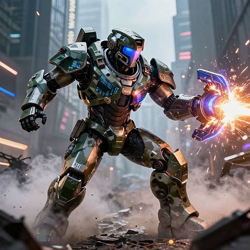 Digital artwork: A futuristic, armored robotic warrior with glowing blue eyes and a blazing right gauntlet, stands amidst city smoke and neon lights, ready for