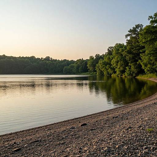 Photograph of a calm, reflective lake at sunset, bordered by a rocky shoreline and dense green trees on the right.