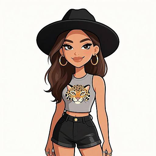 Digital illustration of a confident, smiling young woman with long brown hair, wearing a black hat, gray tank top with leopard print, and black high-w