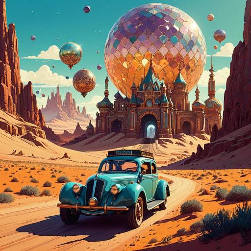Vintage Car in Fantasy Desert with Ornate Castle and Floating Spheres