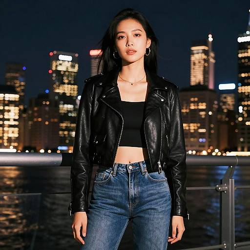 Stylish Woman in Black Leather Jacket at Night Cityscape