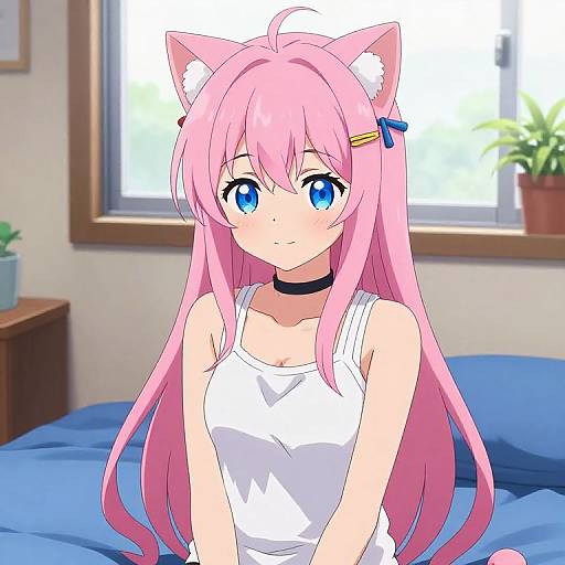 Anime-style digital drawing of a pink-haired catgirl with blue eyes, white tank top, black choker, and cat ears, sitting on a blue
