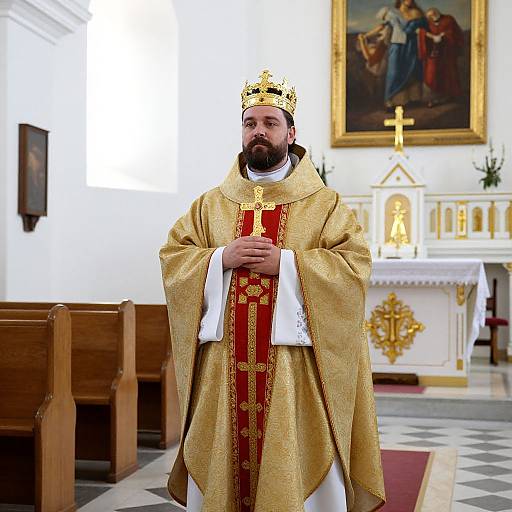 Photograph of a bearded Catholic priest in gold and red vestments, crown, standing in a church with wooden pews and a large painting behind