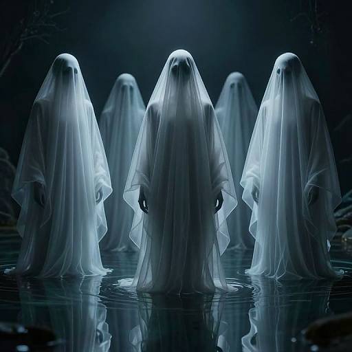 Digital artwork of five ghostly figures with translucent white sheets, standing in a dark, reflective water pool, illuminated by a blue light.