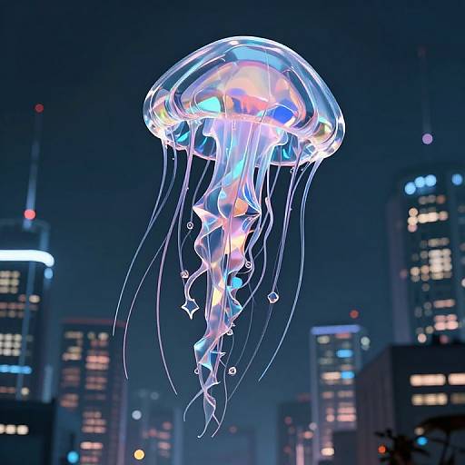 Photograph of a glowing, translucent jellyfish with colorful internal lights, floating in a dark, futuristic cityscape with illuminated skyscrapers.