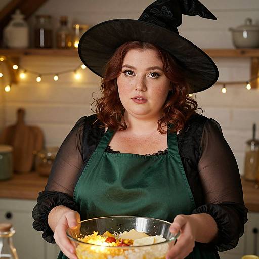 Photograph of a curvy, fair-skinned woman with red hair, wearing a black witch hat and green apron, holding a bowl of scrambled