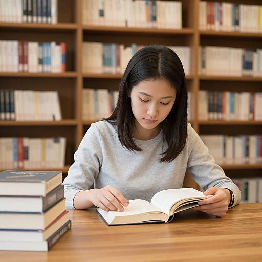 Asian woman with straight black hair, wearing a gray sweater, reading a book at a wooden table in a library. Stacked books beside her. Background