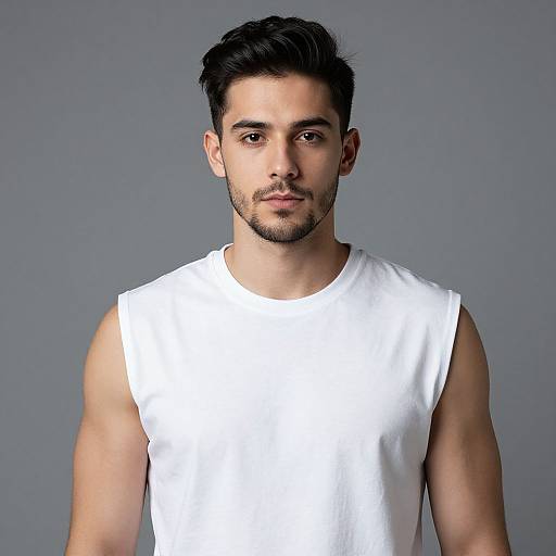 Photograph of a young, muscular man with short black hair, light brown skin, and a trimmed beard, wearing a white sleeveless tank top,