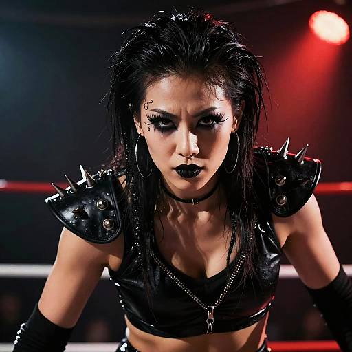 Gothic punk woman with black leather armor, spiked shoulders, dark lipstick, heavy makeup, and wet black hair, leaning forward in a dimly