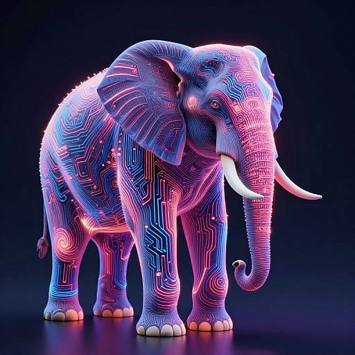 Neon-lit, digital 3D artwork of an elephant with glowing blue and pink circuit patterns against a dark background.