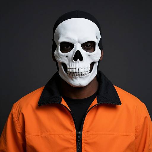 Photograph of a person wearing a white skull mask, black beanie, and bright orange prison jacket against a dark background.