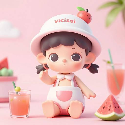 Cute digital CGI doll with black hair, white hat with 