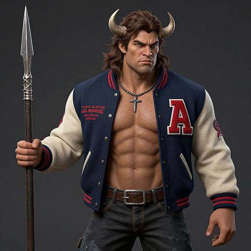 Photorealistic CGI of a muscular, horned man in a navy 