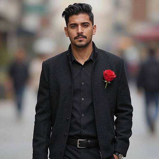 Photograph of a handsome man with dark hair and mustache, wearing a black textured blazer, black shirt, and red rose, standing in a
