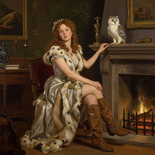 Photorealistic painting of a curly-haired woman in a silver fur-trimmed dress, brown boots, and crown, sitting by a fireplace with an