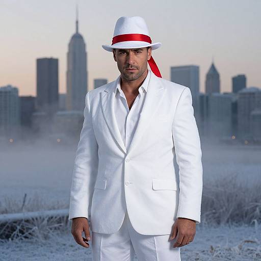 Photograph of a serious, bearded man in a white suit and white hat with a red band, standing in a frosty urban landscape with a