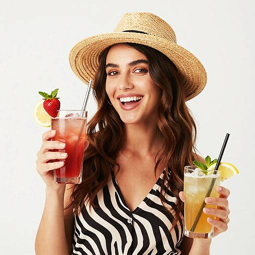 Photograph of a smiling woman with wavy brown hair, wearing a straw hat and black-and-white striped dress, holding two colorful drinks, one with
