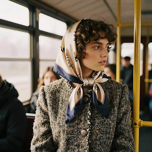 Young Woman with Textured Hair in Tweed Coat and Silk Scarf on Vintage Tram