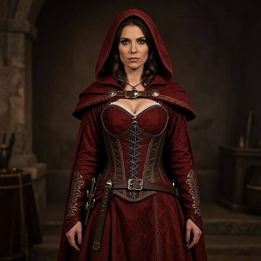 Photograph of a dark-haired woman in a medieval-style, deep red hooded dress with corset, intricate lace, and belt, standing in a