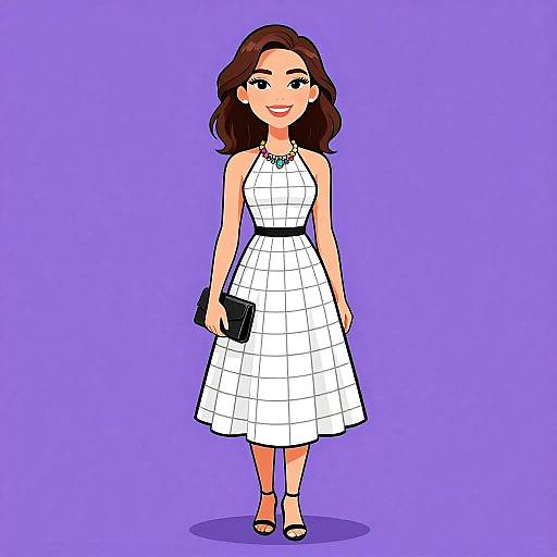 Cartoon-style illustration of a smiling woman with wavy brown hair, wearing a white checkered sleeveless dress, black belt, necklace, black clutch