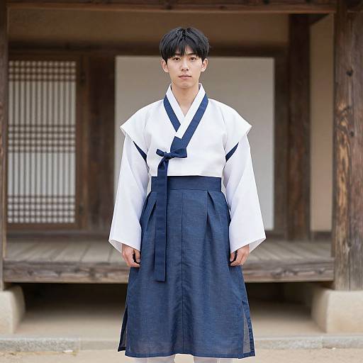 Photograph of an East Asian young man with short black hair, wearing a traditional white hakama and navy blue kimono, standing in front of a
