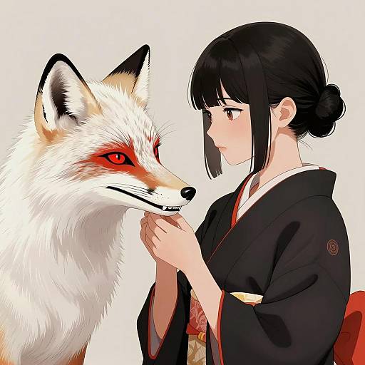 White Fox and Woman in Kimono Illustration