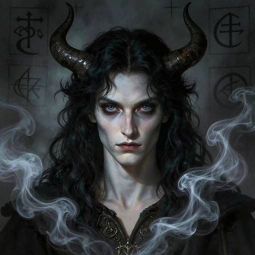Digital artwork of a pale, blue-eyed demon with black curly hair, black horns, and swirling white smoke, wearing a dark, ornate robe.