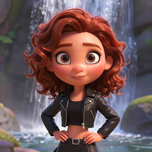 CGI cartoon of a red-haired girl with large eyes, wearing a black leather jacket and pants, standing confidently in front of a waterfall.