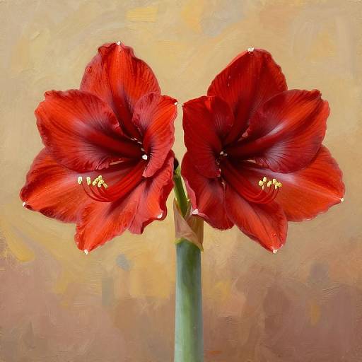 Photograph of two vibrant red, velvety Amaryllis flowers with yellow stamens, set against a textured, warm beige background.