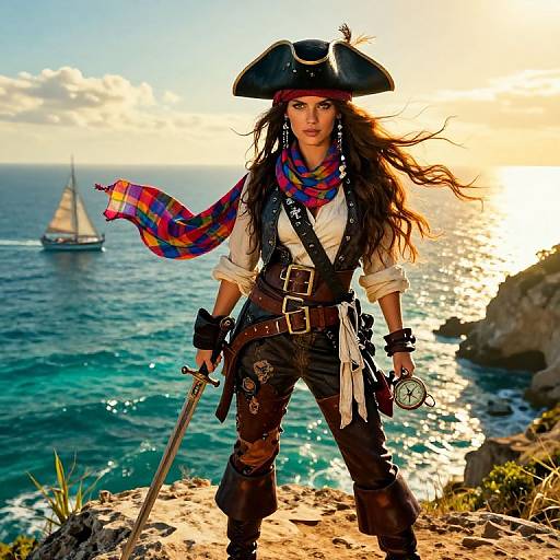 Vibrant Female Pirate on Coastal Cliff