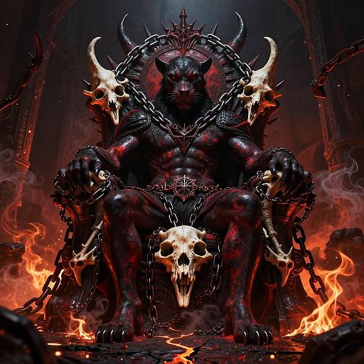 Digitally rendered demon king with dark, muscular physique, seated on a fiery throne adorned with skulls, chains, and horns, amidst burning flames in a