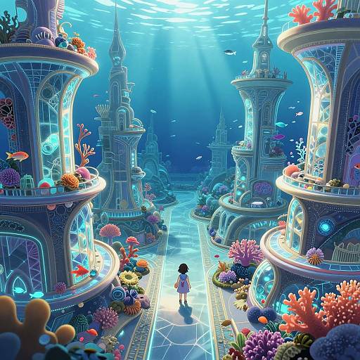 Underwater fantasy scene: glowing towers with coral, fish, and sunlight beams; a small girl in a dress walks along a illuminated pathway. Digital art