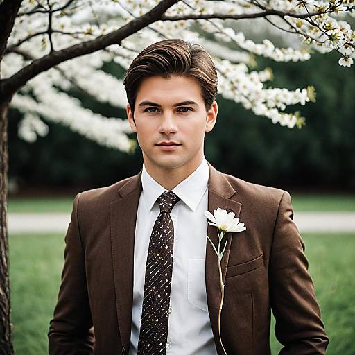 Man in Brown Suit with White Flower Outdoors