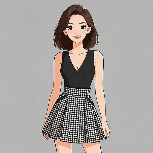 Digital illustration of a smiling woman with shoulder-length brown hair, wearing a black V-neck top and a black-and-white houndstooth skirt, standing