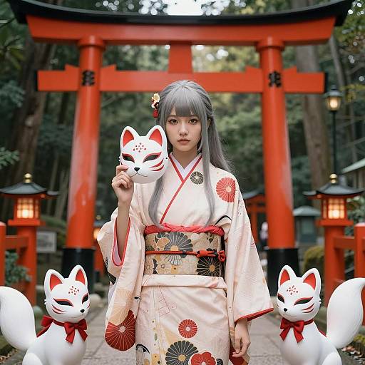 Serene Woman in Kimono with Foxes