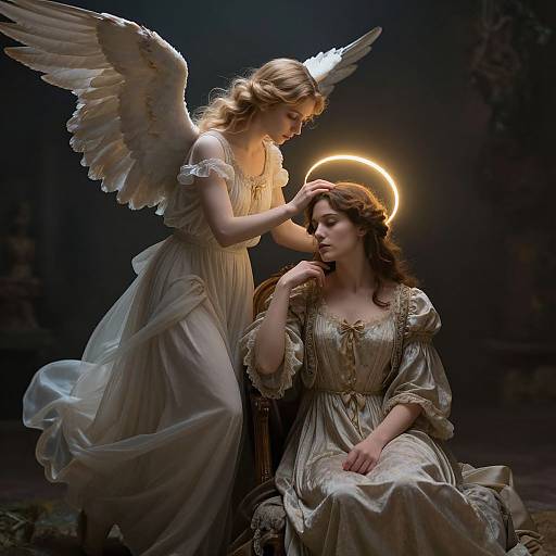 Photograph-like digital art of a glowing angel with white wings and dress, gently touching a haloed brunette woman in a shimmering dress, against a