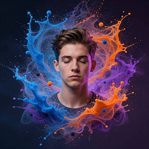 Photograph of a young man with closed eyes, surrounded by vibrant blue, purple, and orange digital splashes and droplets against a dark background.