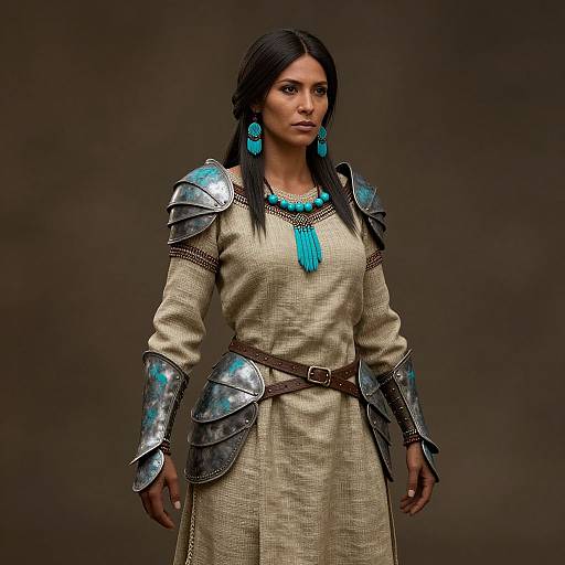 Photograph of a dark-haired woman in medieval-style armor, wearing a beige dress, turquoise necklace, and matching earrings, against a dark brown background.