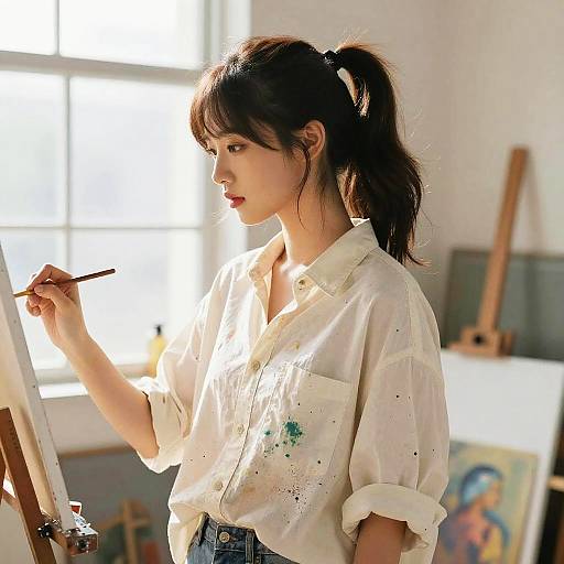 Photograph of an Asian woman with dark hair in a ponytail, wearing a white, paint-splattered shirt, painting on an easel in